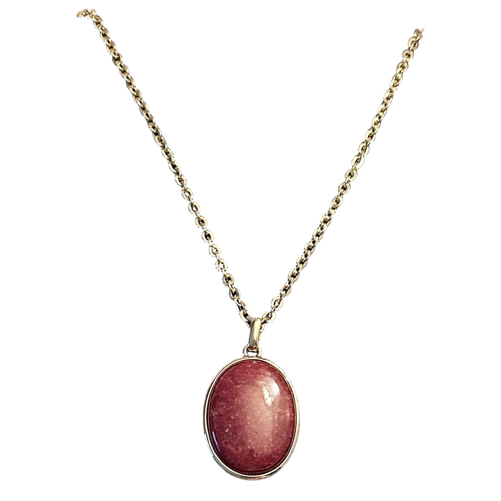 Semi Precious Oval Burgundy Stone Pendant with Silver Tone Chain